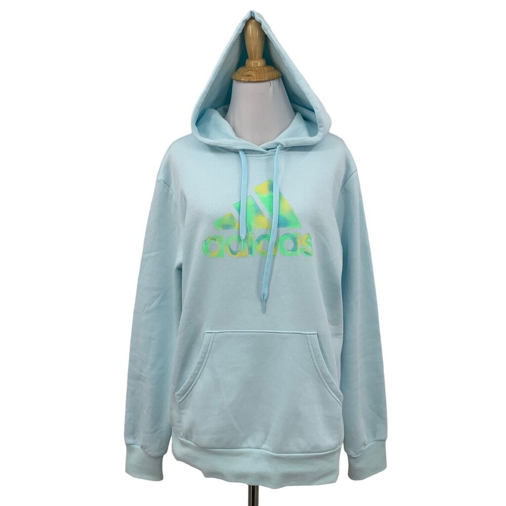 Adidas Sweater Womens M Medium Light Blue Fleece Lined Hooded Two Tone Logo